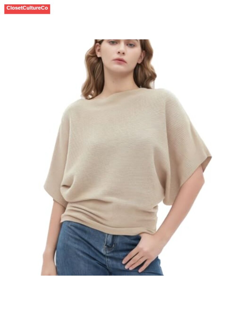 Women's Boat Neck Short Sleeve Dolman Knit Sweater Relaxed Fit
